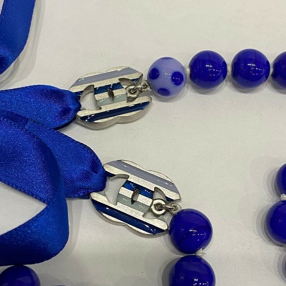 Chanel 05P Spotted Glass Bead Long Silk Ribbon Blue Necklace Logo - Picture 5 of 10